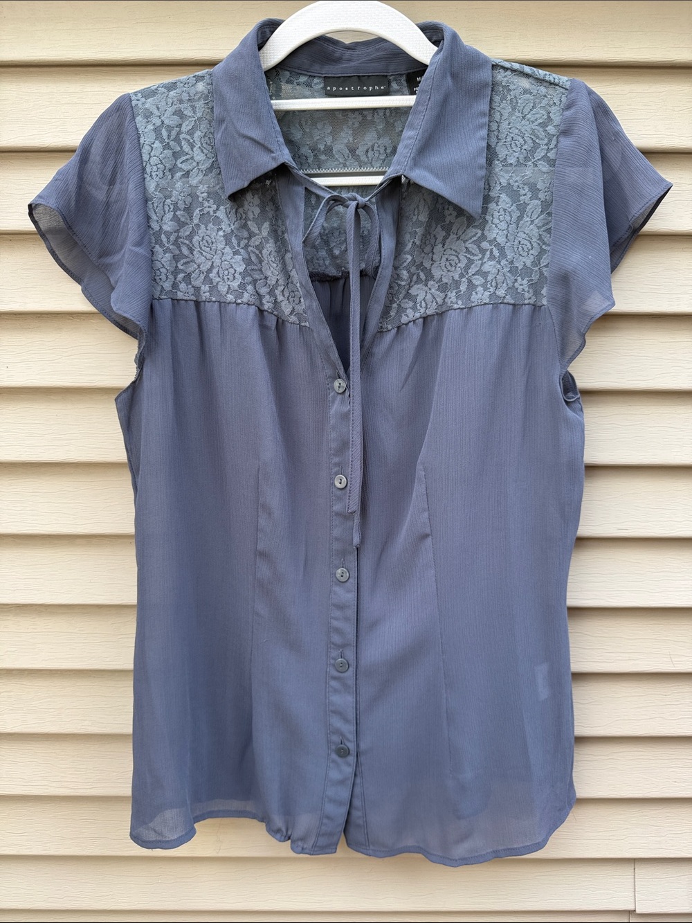 Apostrophe Slate Blue -Gray Lace-Yoke Button Front Blouse with Tie Size M